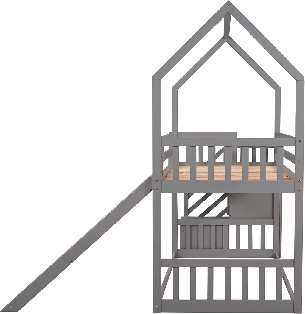 Wood House Bunk Bed for Kids Toddlers, Twin Over Twin Bunk Bed with Convertible Slide, Storage Staircase Can be Placed Left or Right, No Spring Box Required (Gray+House03)