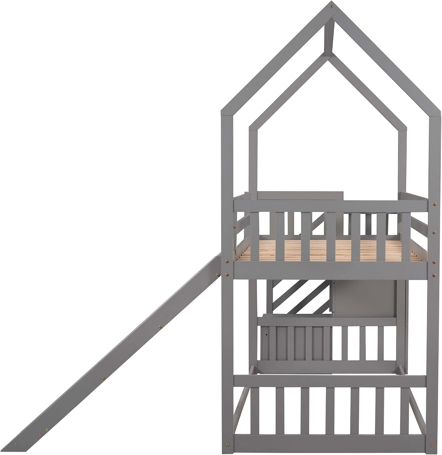 Wood House Bunk Bed for Kids Toddlers, Twin Over Twin Bunk Bed with Convertible Slide, Storage Staircase Can be Placed Left or Right, No Spring Box Required (Gray+House03)