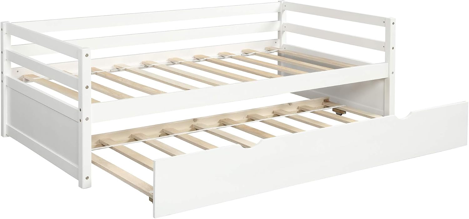 Twin Size Daybed with Trundle Frame Set, Sturdy Pull-Out Trundle Bed for Kids, Girls, Bedroom, No Box Spring Needed, White
