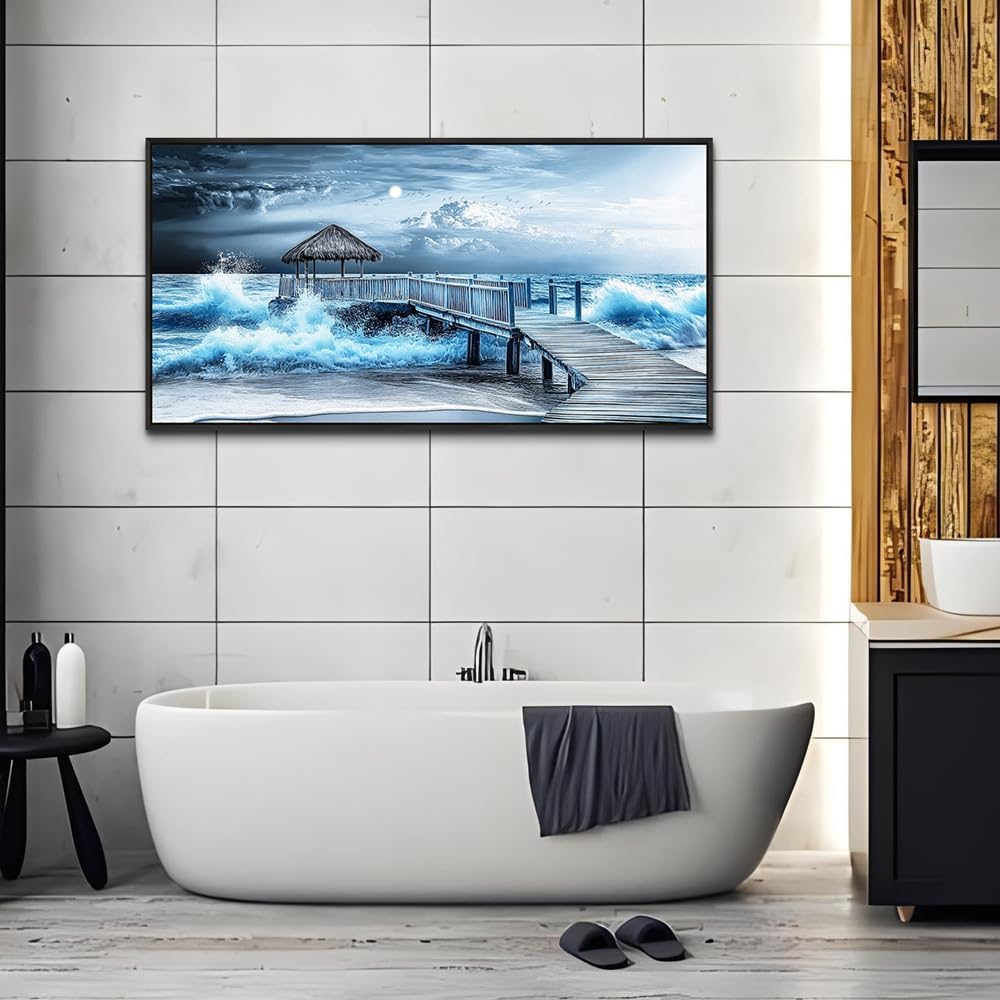 ERQINHUA Large Canvas Wall Decor For Living Room Wall Art For Bedroom Office Wall Decorations Black Frame Blue Wave Landscape Painting Artwork For Modern Stretched and Framed Beach Posters 24'X48'