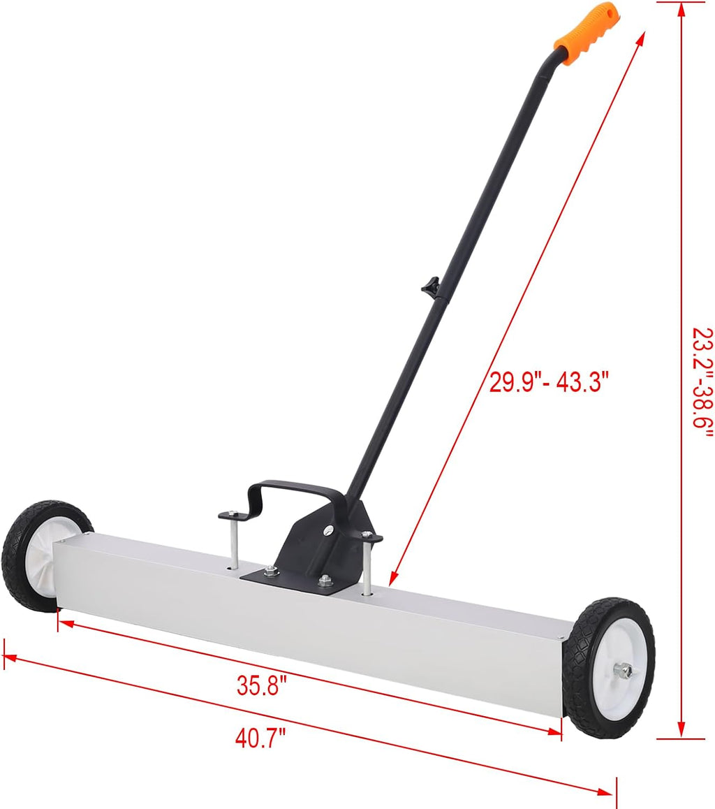 36'' Magnetic Sweeper with Quick Release Handle 30 lb Capacity Rolling Magnet Heavy Duty Push-Type Pick-Up Sweeper with 7 Inch Wheels for Nails Screws Metal Debris Black and Silver