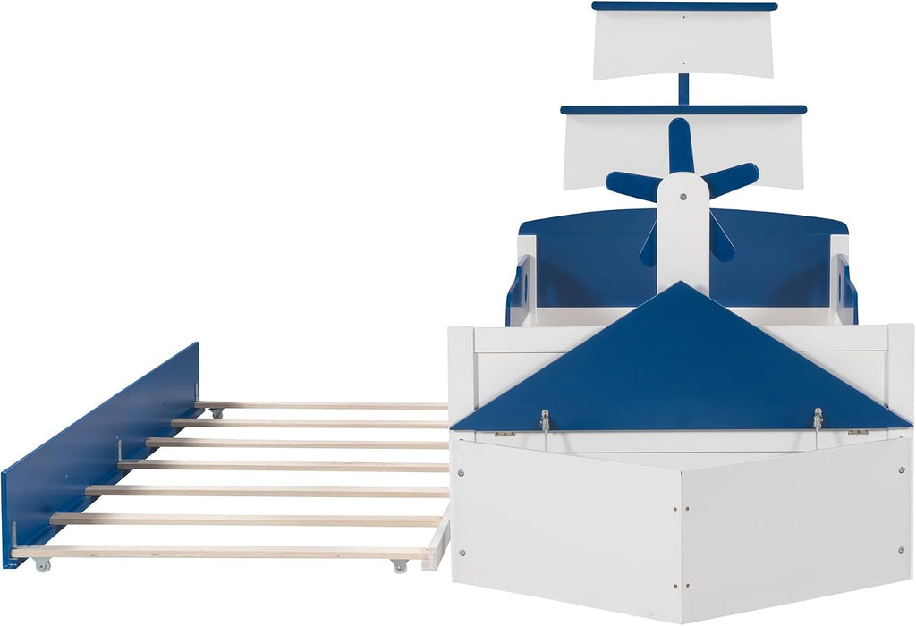 Generic 3 s Bedroom Sets,Twin Size Boat Shaped Platform Bed with Trundle and Two Nightstands,White+Blue, As title