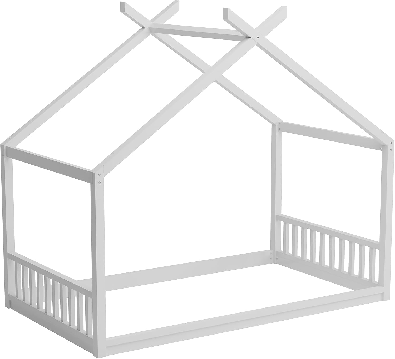 JIVOIT Twin Size House Bed with Roof, Floor Bed Frame with Headboard and Footboard, Wooden House Bed Fence Bed, Easy Assembly (White/Twin,93)