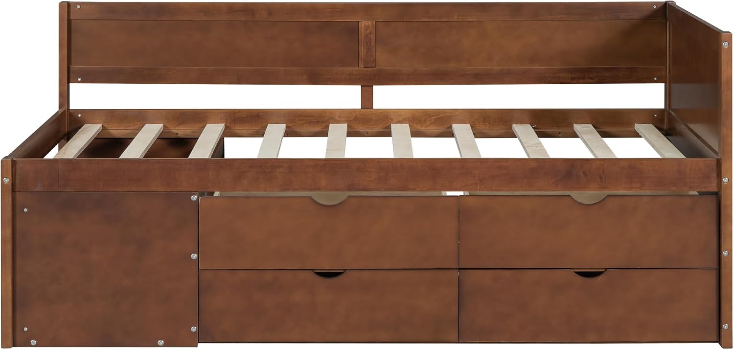 Twin Size Daybed with 4 Pull-Out Drawers and 3 Functioning Shelves,Solid Wood Day Bed Frame with Wooden Slats Support for Bedroom,No Box Spring Required (Walnut-AB40)