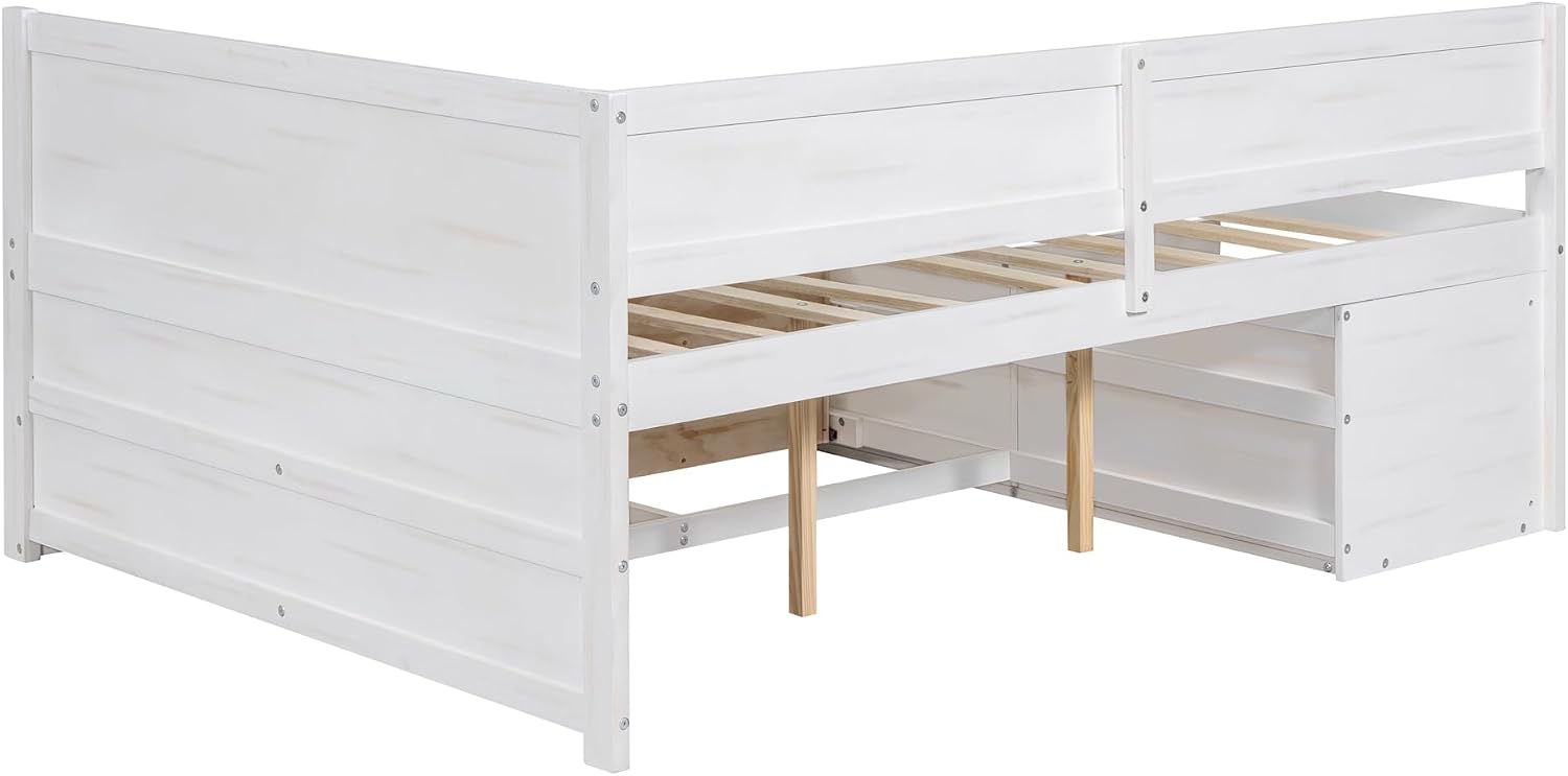Full Size Daybed with 4 Pull-Out Drawers and 3 Functioning Shelves,Solid Wood Day Bed Frame with Wooden Slats Support for Bedroom,No Box Spring Required (White-AB41)