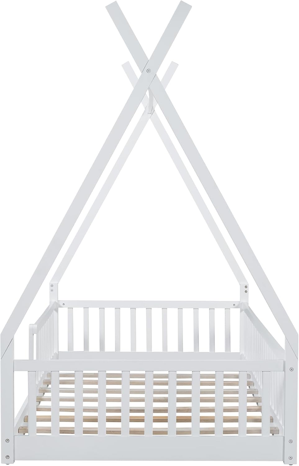 JIVOIT Twin Size Wood House Bed with Fence, House Platform Bed with Roof, Twin Montessori Bed Frame, Wood Slats Support, No Box Spring Needed (White/74)