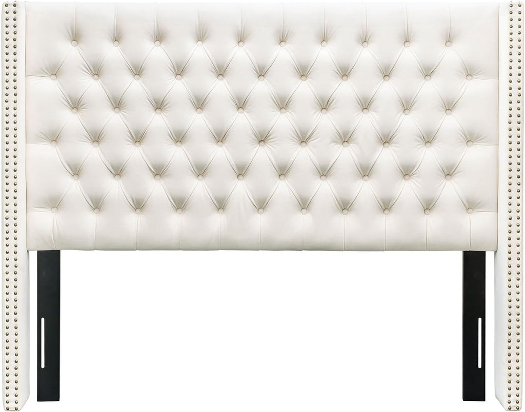 Madison Park Amelia Headboard King Wingback Upholstered - Hand-Tufted Button Detail, Double Nailhead Trim, Foam-Padded Durable Fabric, Adjustable Fit for Classic Bedrooms-Beige Velvet