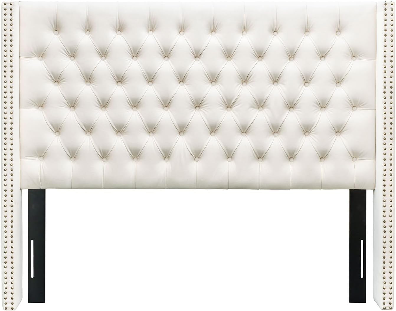 Madison Park Amelia Headboard King Wingback Upholstered - Hand-Tufted Button Detail, Double Nailhead Trim, Foam-Padded Durable Fabric, Adjustable Fit for Classic Bedrooms-Beige Velvet