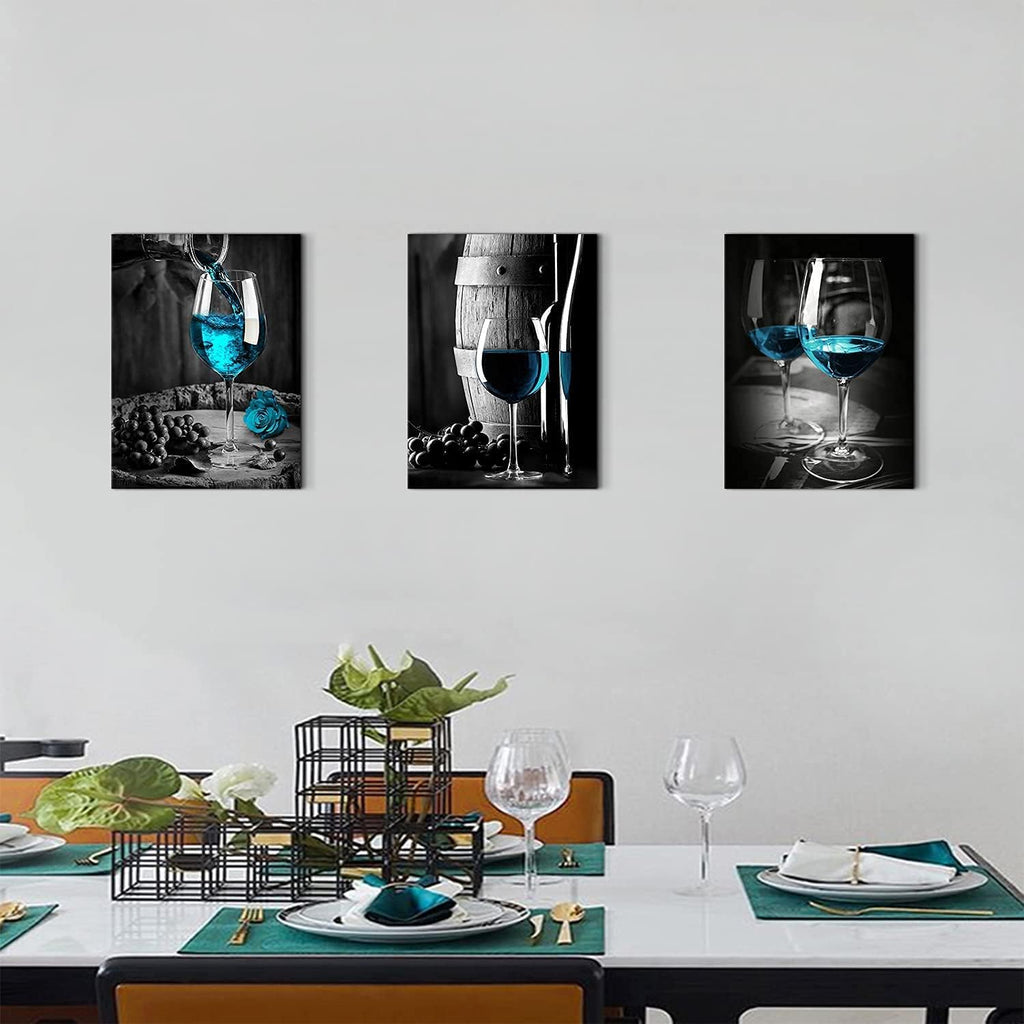 3 Panel Wine Glass Pictures Wall Decor Teal Blue Wall Art for Kitchen Bar Turquoise Home Decorations, Black and White Cask Barrel Pictures Retro Gray Posters Framed Canvas Prints Dining Room 20x28'