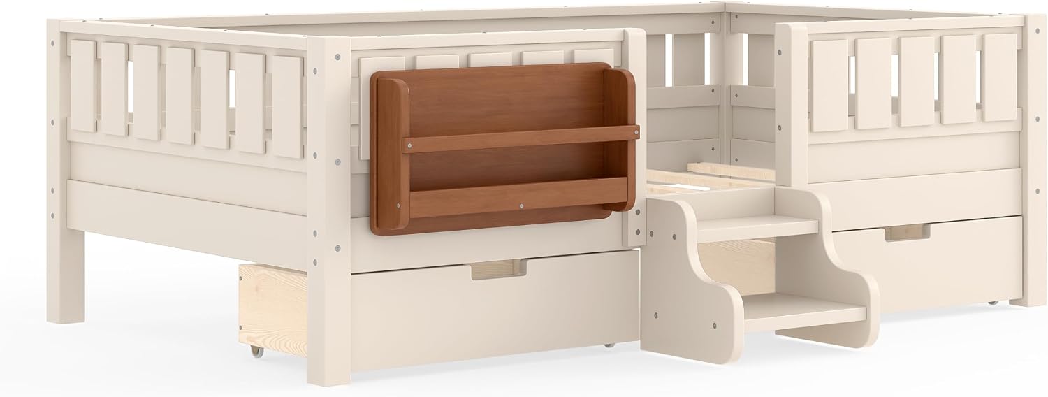 Bellemave Twin Kids Montessori Bed with Stairs, Bookshelf and Drawers, Solid Wood Kids Bed Frame with Storage for Boys Girls, Low Profile,Beige