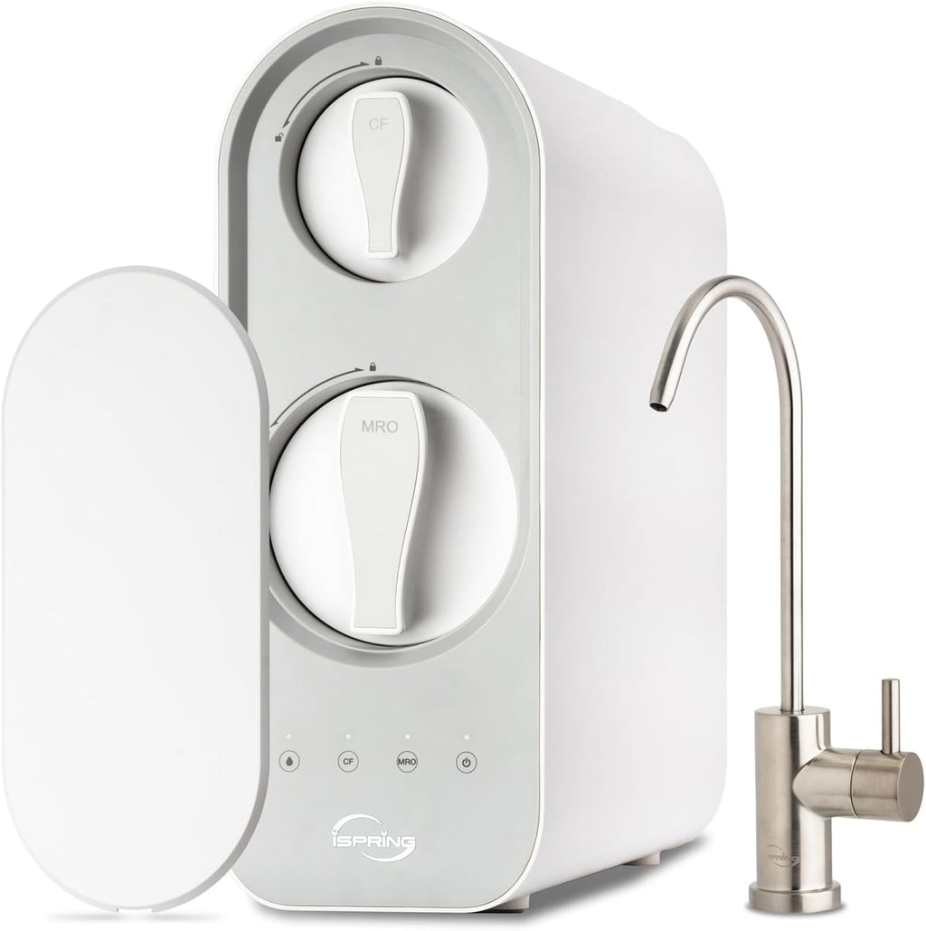 iSpring RO600BN Tankless Reverse Osmosis System Under Sink, 600 GPD Fast Flow RO System, 2.5:1 Pure to Drain Ratio RO Water Filter System, Brushed Nickel Faucet, White