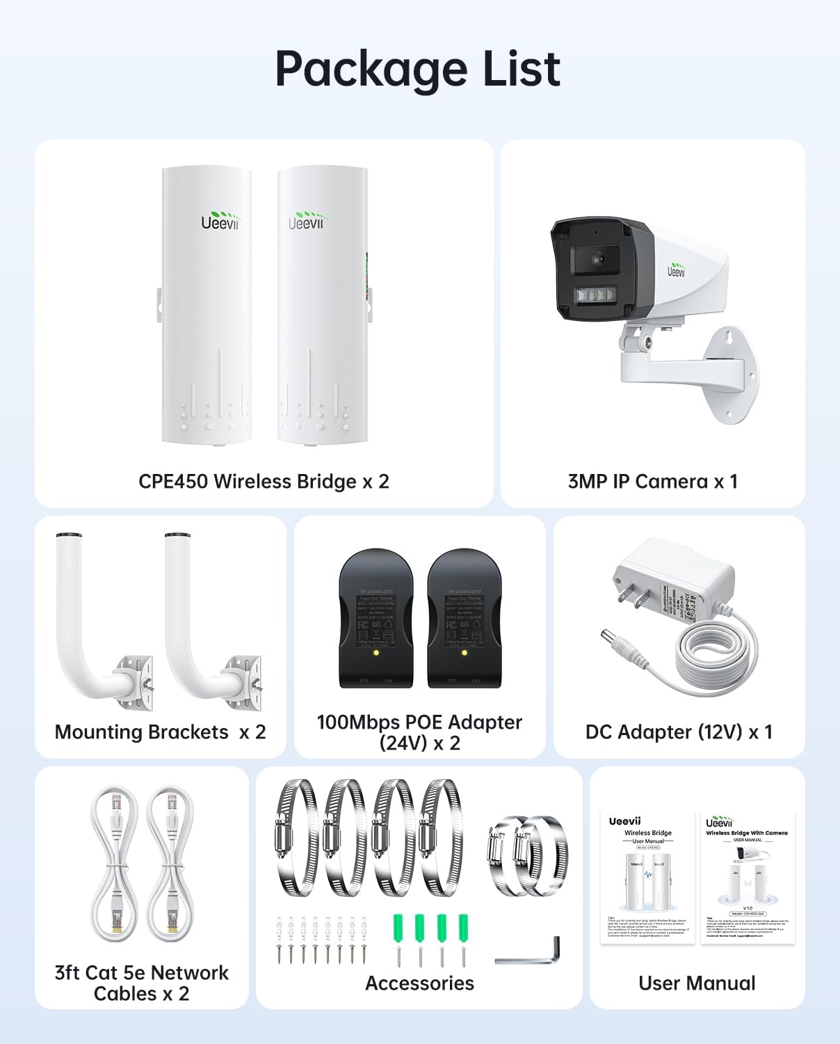 UeeVii Wireless Bridge with Camera: Long Range Point to Point Security System CPE450 + 3MP IP Camera Kit, Easy Setup for Homeowner and Business Owner for Barn Farm Ranch Warehouse Factory Security