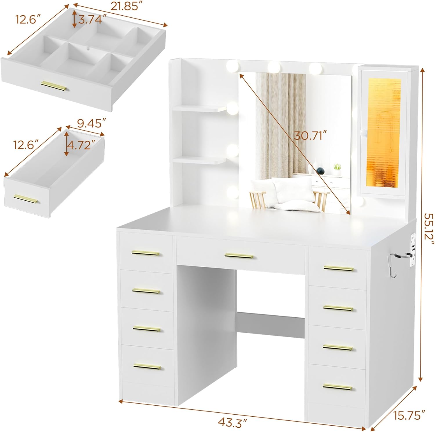 ERLEJIA Vanity Desk with Mirror and Lights, Large 43' White Makeup Vanity Desk with 9 Drawers and Power Outlet, 3 Open Shelves and 1 RGB Lighting Cabinet, White and Gold