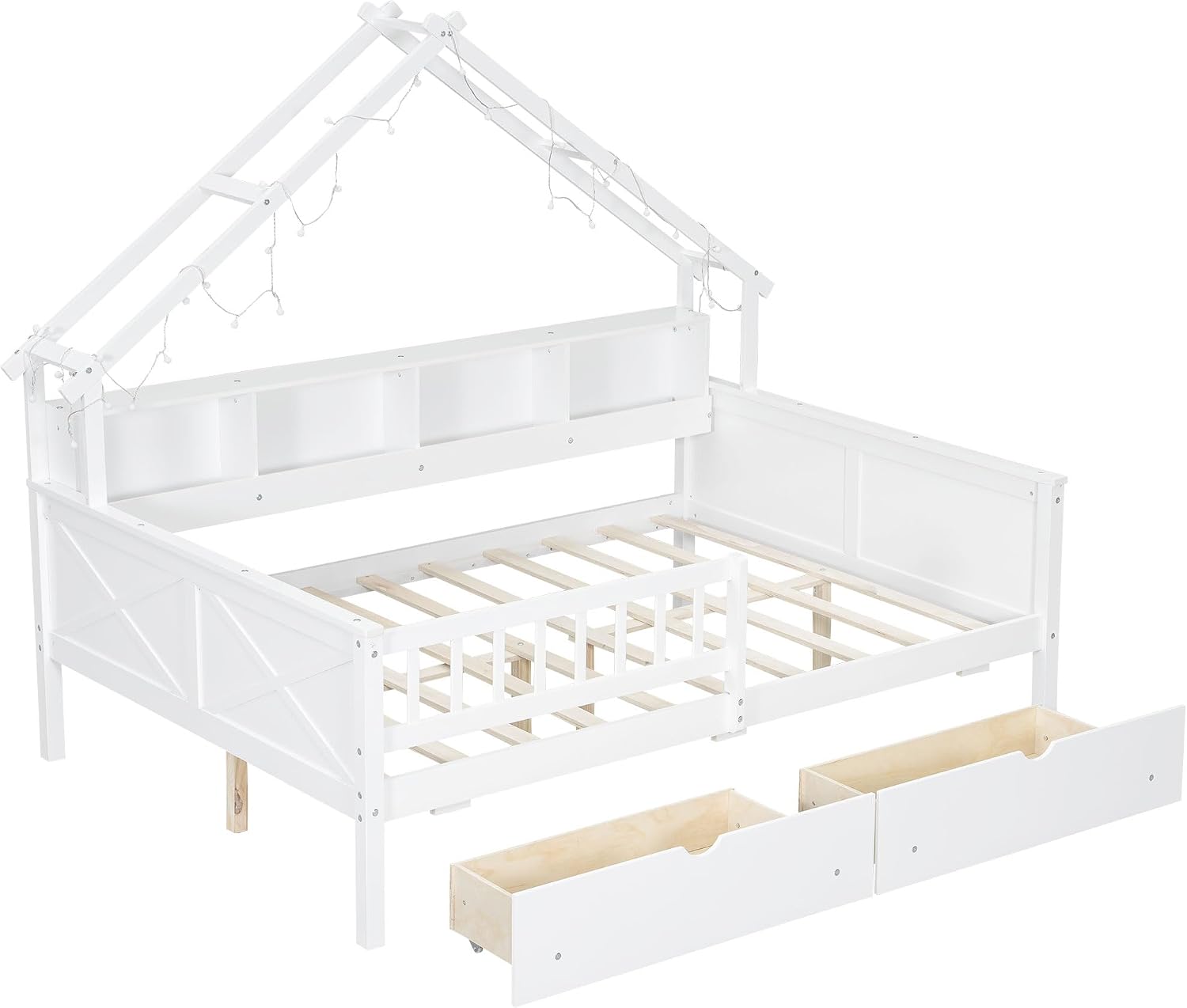 JIVOIT House Beds Wood Platform Bed, Full Size Platform Bed Frame with Storage Shelves, Drawers and Guardrail, Wood Slats Support, No Box Spring Needed (White/509)