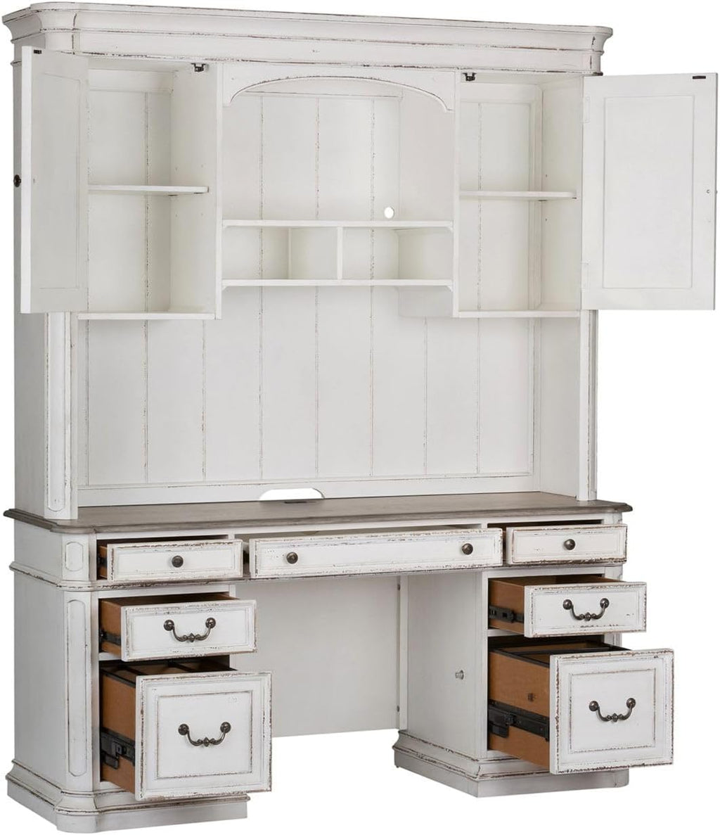 Liberty Furniture Magnolia Manor Complete 5 Piece Desk Set for Home Office - Antique White & Weathered Bark