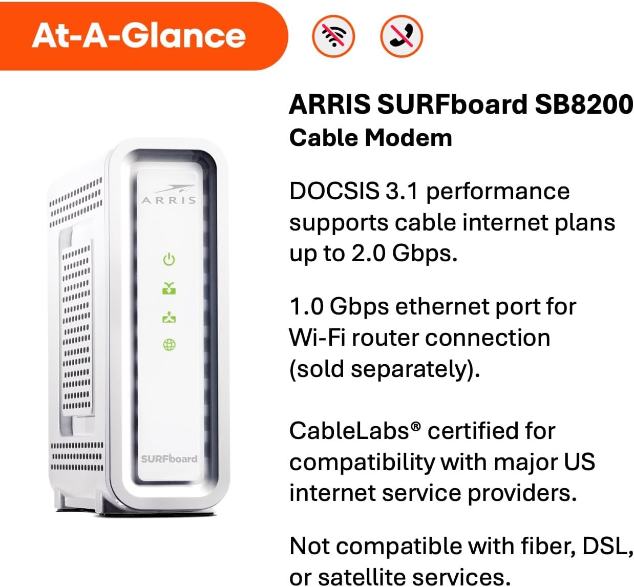 ARRIS SURFboard SB8200 DOCSIS 3.1 Multi‑Gig Cable Modem | 2 -1Gbps Ethernet Ports | Works with Xfinity, Cox, Spectrum | For Cable Internet Plans up to 2Gbps | Modem Only, Router Required