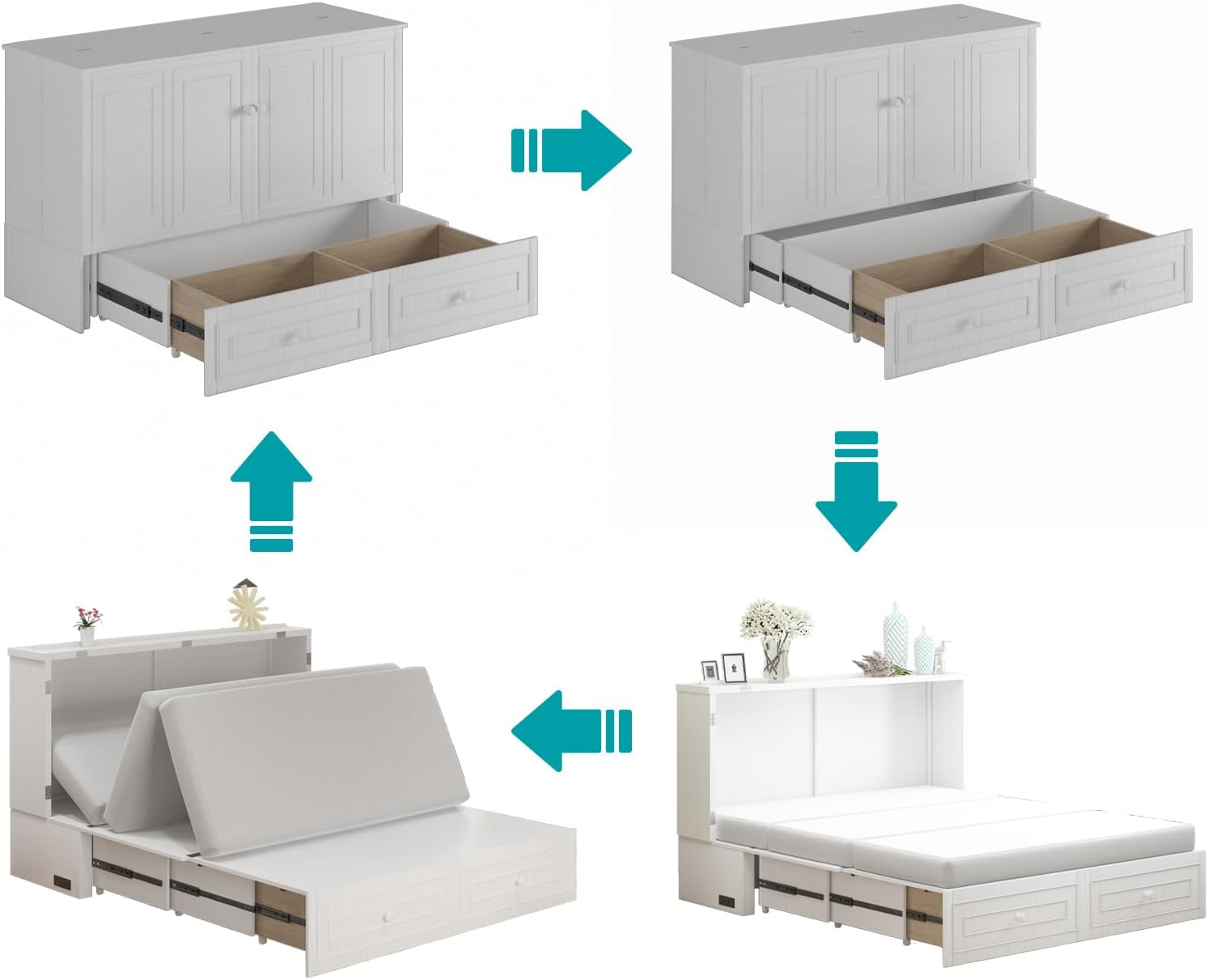 BALUS Queen Size Cabinet Murphy Bed, Modern Murphy Beds for Bedroom, Adults Chest Cabinet Wall Bed with Built-in USB Charging Station, Storage Drawer for Living Room, No Mattress(White)