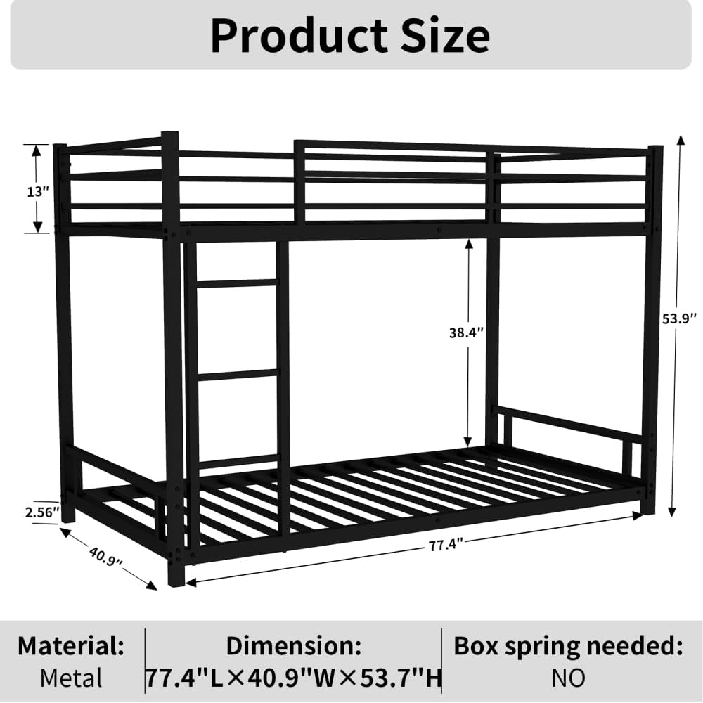 Twin Over Full Metal Bunk Bed, with Ladder & Full-Length Guardrail for Teens Adults, Noise Free (Black + Metal + Metal)
