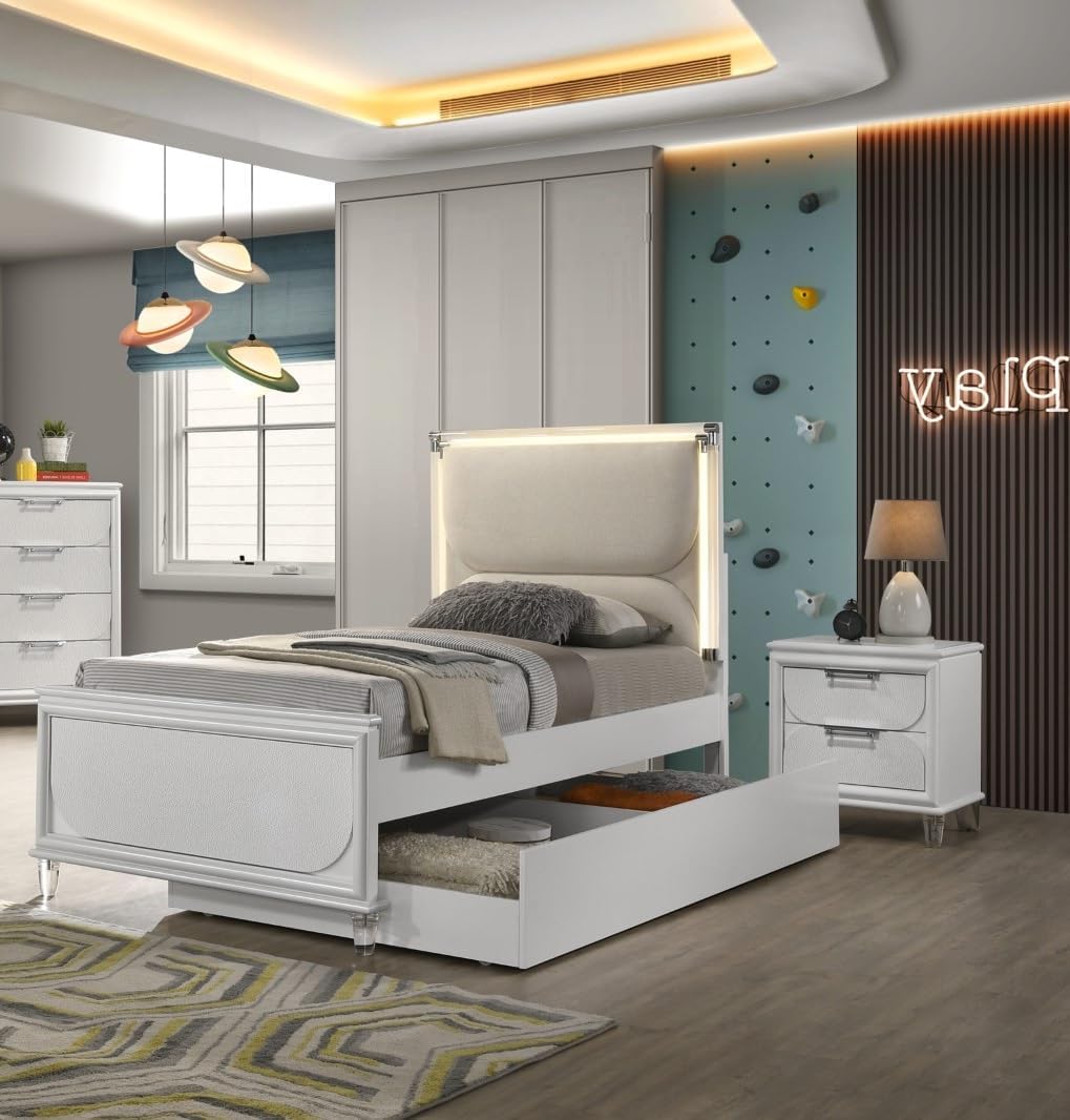 Pearl White Twin Size Bed W Trundle 2X Nightstands Embossed Panel 3pc Bedframe Bedroom Furniture