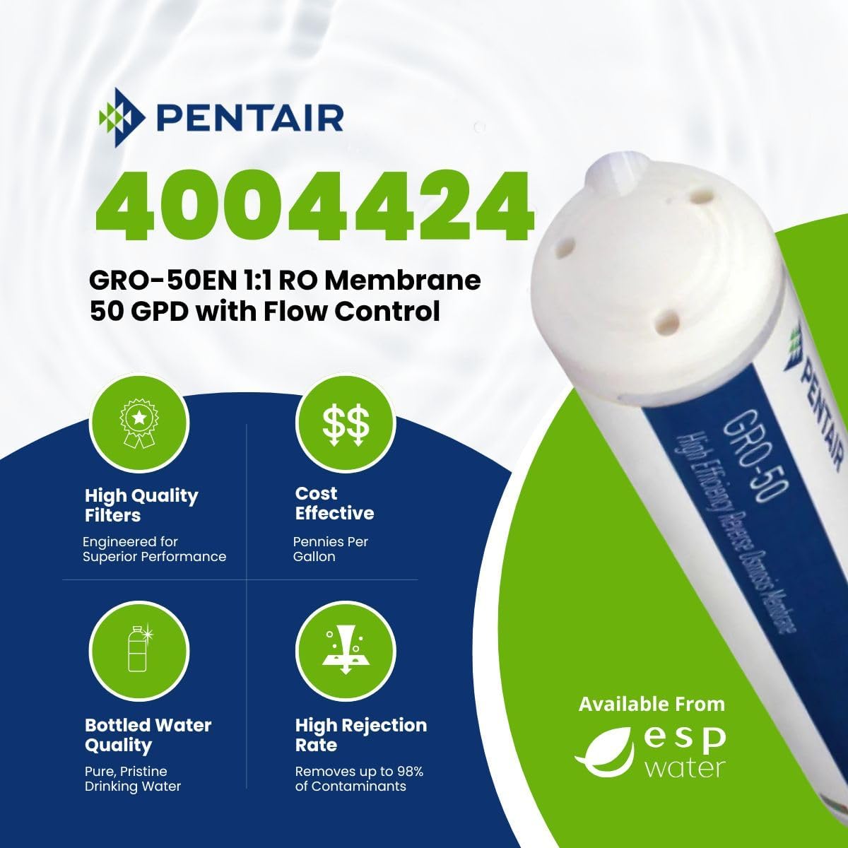 Pentair GRO-50EN 1:1 Reverse Osmosis Membrane Replacement Filter – 50 GPD High-Efficiency RO Cartridge with Flow Control, Check Valve and Quick Connect Fittings for Under-Sink Water Filtration 4004424