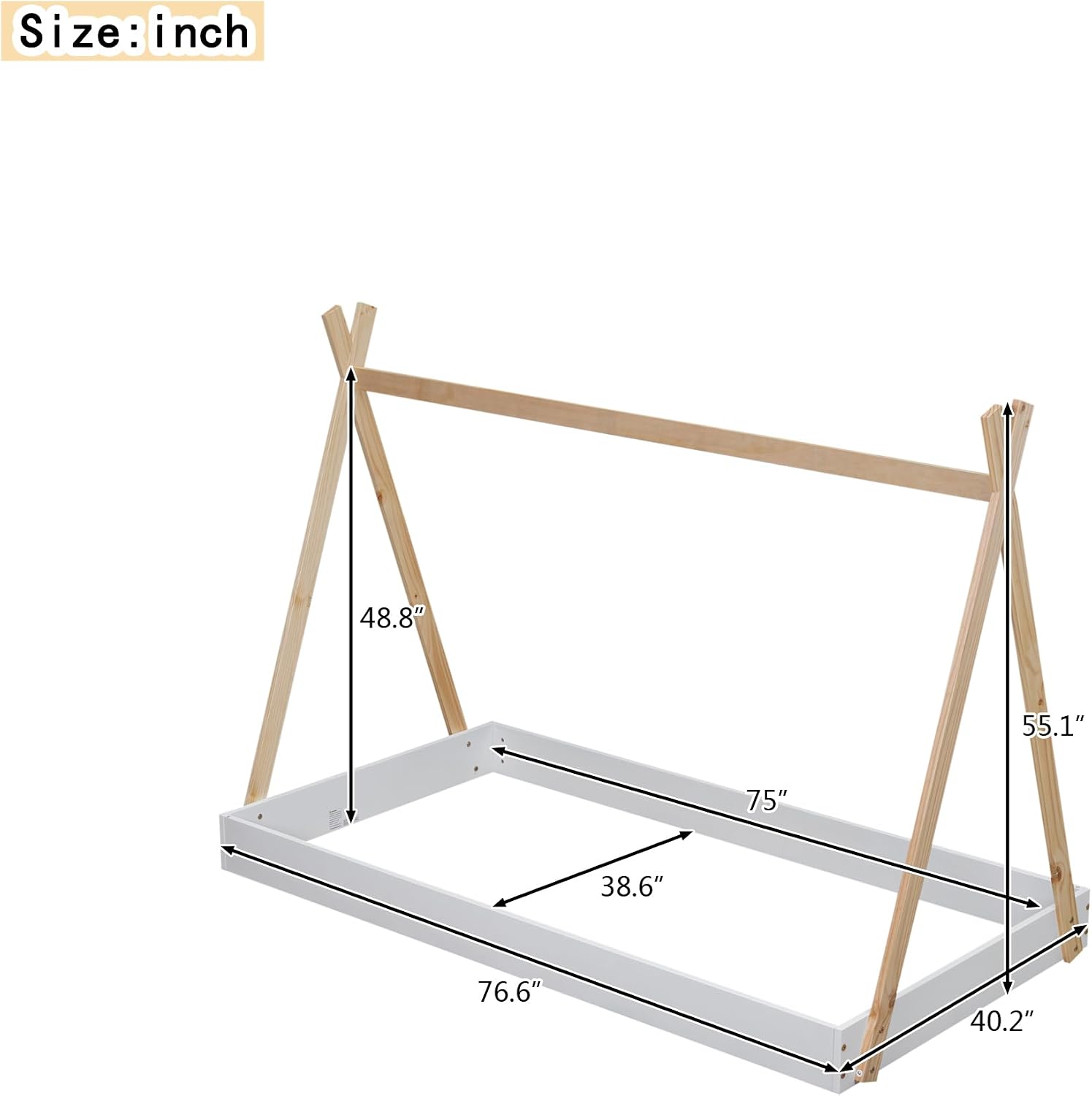 Twin Size Tent Floor Bed with Triangle Structure, Wood Floor Bed Frame, Twin Size Montessori Bed Playhouse House Platform Bed with X-Shaped Safety Railings for Kids Boys Girls (White+Natural & Twin)
