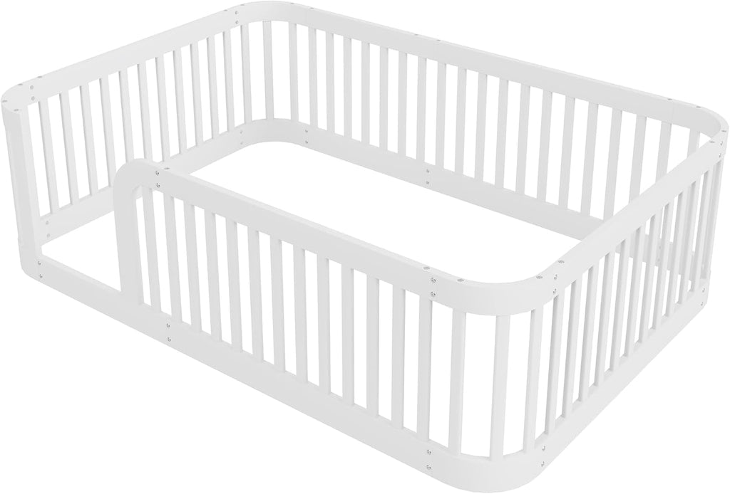 Full Size Wood Floor Bed with Fence, Playful Design Montessori Floor Bed with Guardrail, Without Slats, Easy Assembly (White//Full,124)