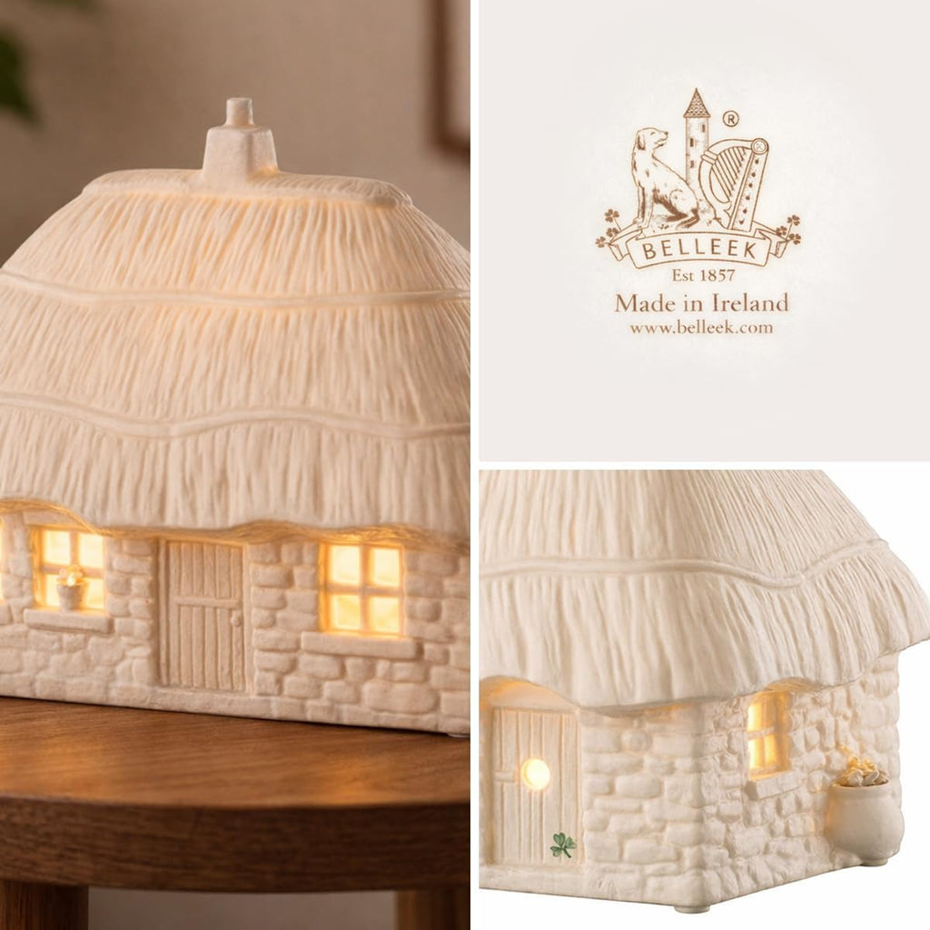 Belleek Classic Thatched Cottage Luminaire, 6.5-Inch H x 10-Inch L x 5.3-Inch W Handcrafted Irish Porcelain Figurine Lamp