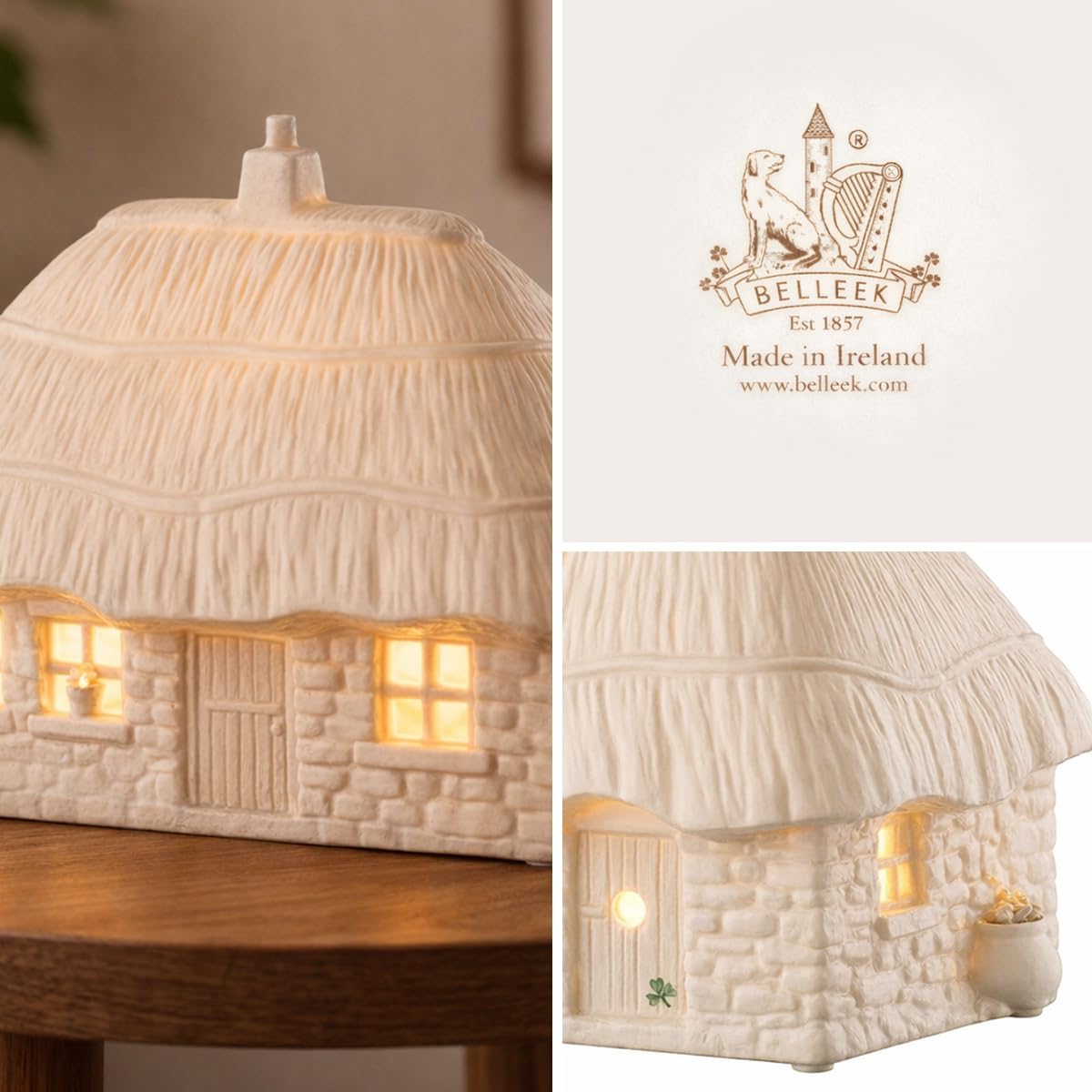 Belleek Classic Thatched Cottage Luminaire, 6.5-Inch H x 10-Inch L x 5.3-Inch W Handcrafted Irish Porcelain Figurine Lamp