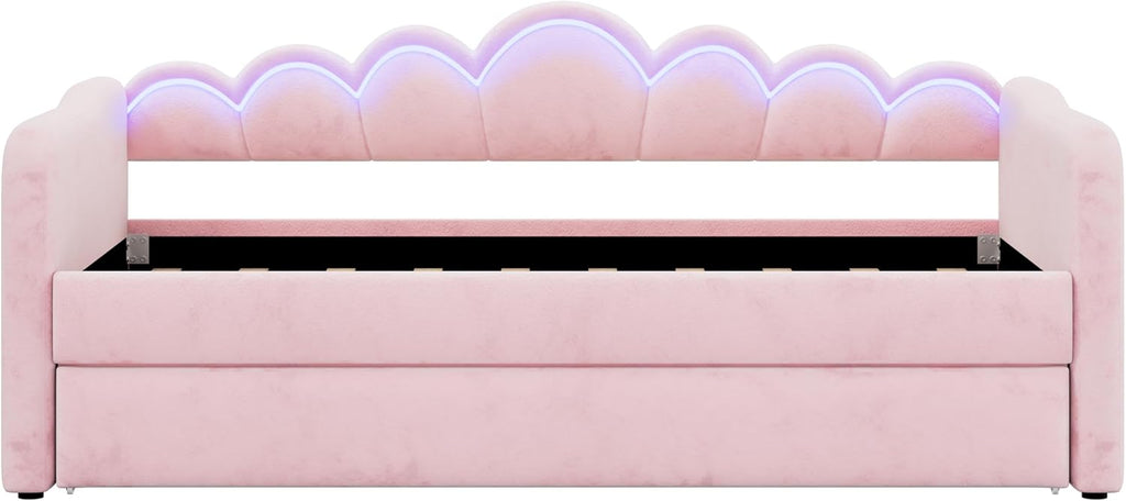 LUMISOL Upholstery Daybed with Trundle, Twin XL Upholstered Daybed with LED Light, Tufted Corner Sofa Bed Furniture for Bedroom Guest Living Room, Pink