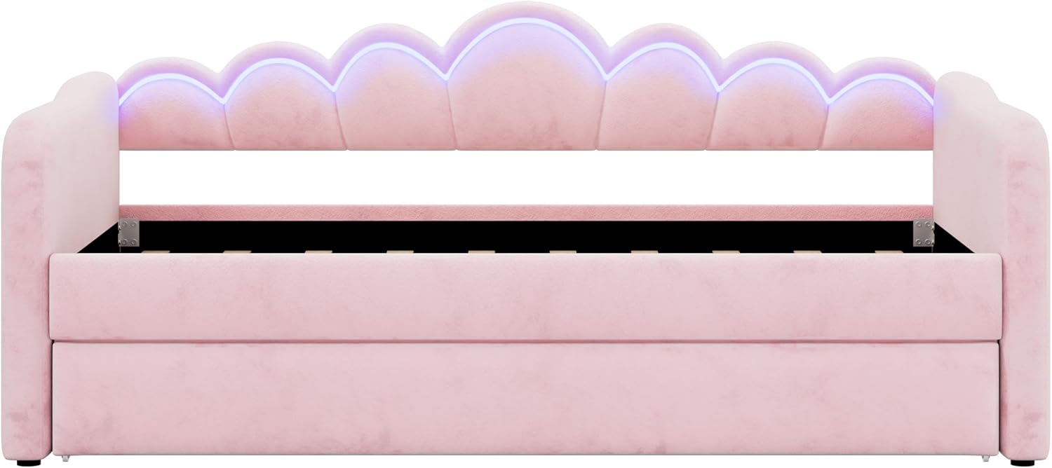LUMISOL Upholstery Daybed with Trundle, Twin XL Upholstered Daybed with LED Light, Tufted Corner Sofa Bed Furniture for Bedroom Guest Living Room, Pink