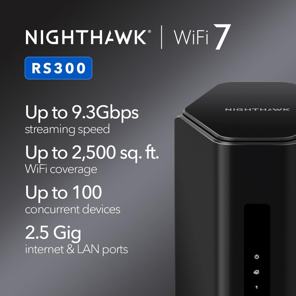NETGEAR RS300-100NAR Nighthawk RS300 Tri-Band WiFi 7 Router, Wireless Speed Up to 9.3 Gbps, Covers Up to 2500 Sq. Ft., Black - Certified Refurbished