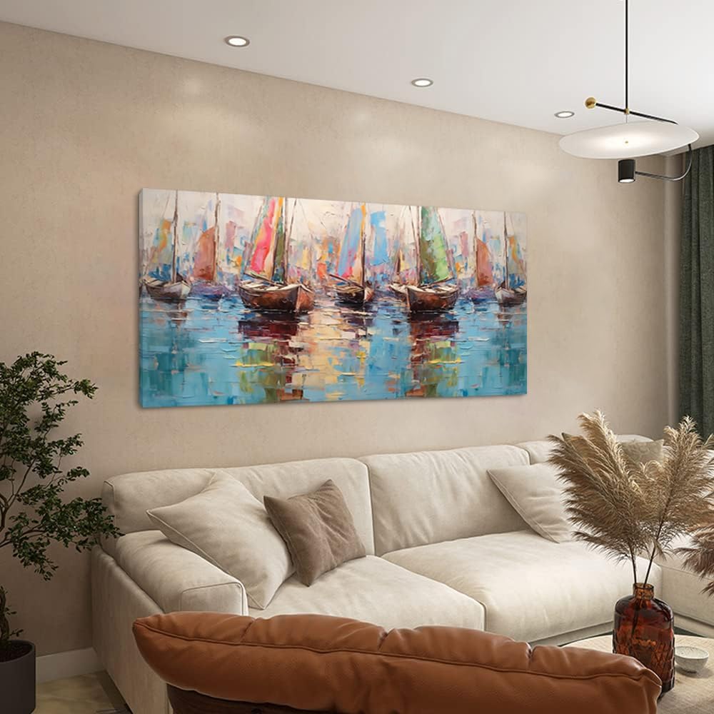 Colorful Boats on Water Oil Painting Style Wall Art Decor Artwork for Bedroom (30x60 Inches)