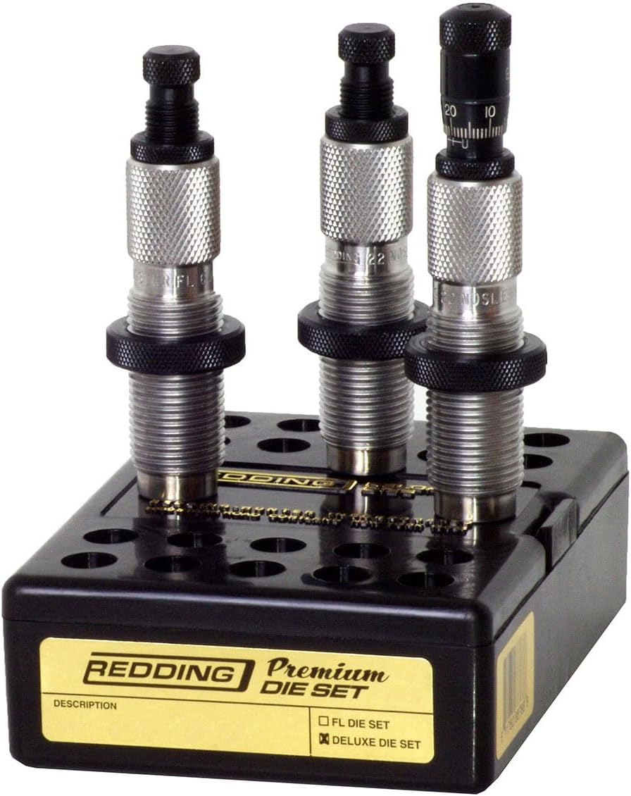 Redding Premium Deluxe Die Set - Precision 3-Die Reloading System with Carbide Size Button and Micrometer Seating, Calibers