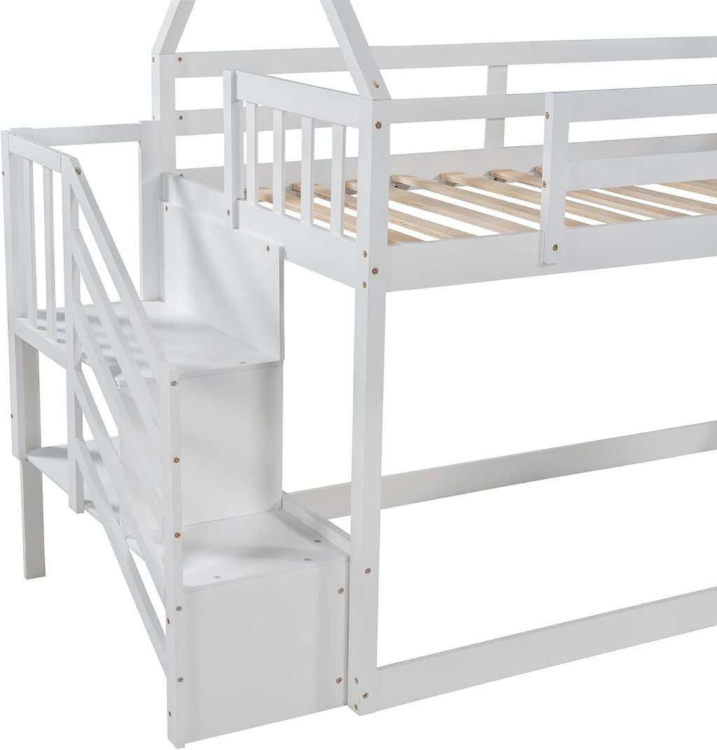 Twin Over Twin Bunk Bed with Slide for Kids Toddlers, House Bunk Bed Farm with Storage Steps and Roof Guardrail for Girls/Boys, No Spring Box Required (White-Storage Steps#2)