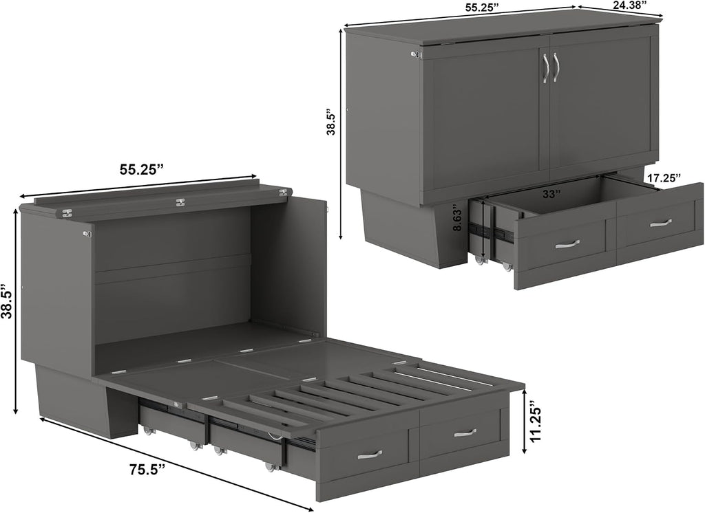 AFI, Monroe Full Murphy Bed Chest with 6' Mattress, Storage Drawer & Built-in USB Charger, Grey