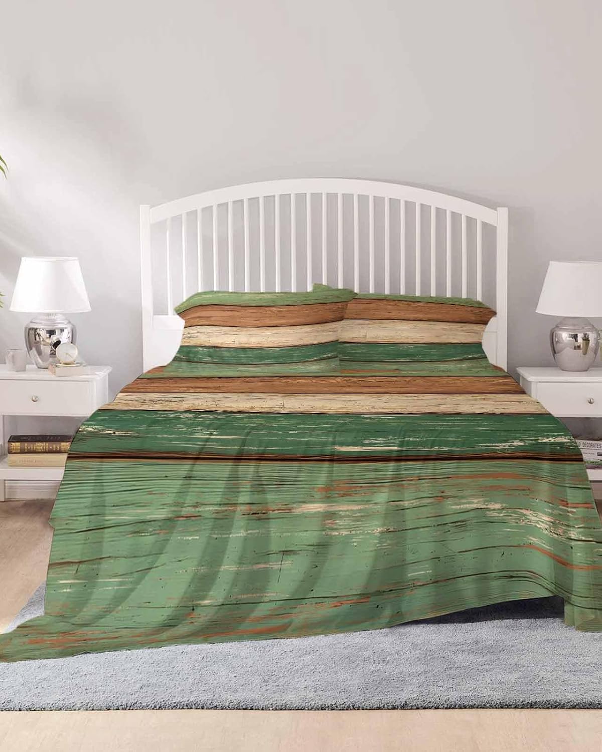 Farmhouse Dark Sage Green Brown Cal King Sheet Set 4 Piece Bedding - Vintage Wooden Striped Breathable Comfy Cooling Bed Sheets & Pillowcase Sets, Hotel Luxury Flat Sheets Deep Pockets Fitted Sheet