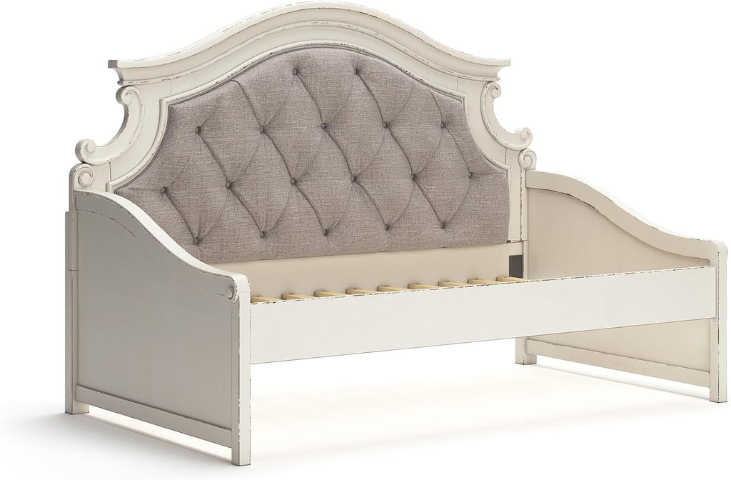 Signature Design by Ashley Realyn French Country Upholstered Tufted Day Bed, Twin, White & Beige