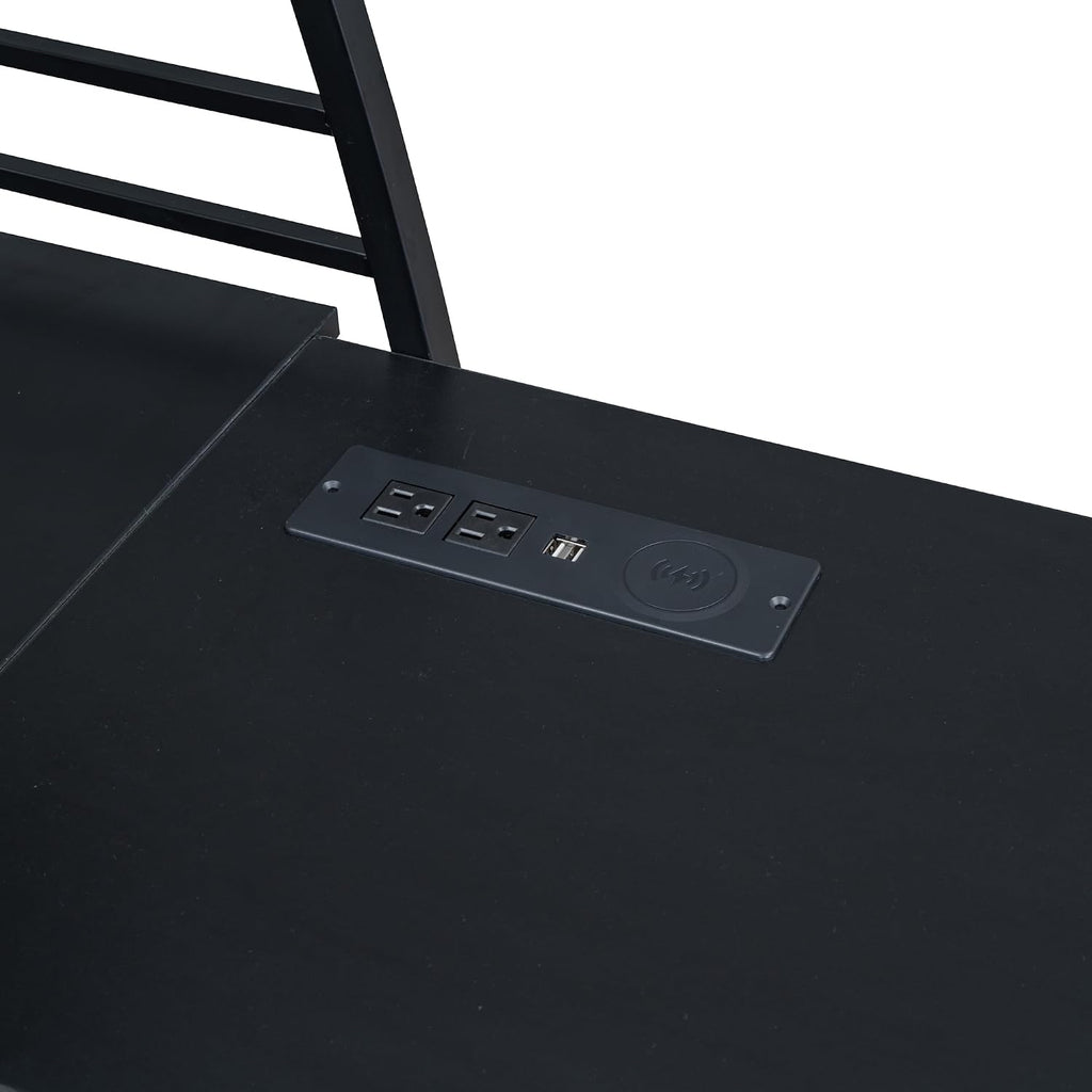 Metal Twin Size Loft Bed with 4 Layers of Shelves and L-Shaped Desk,a Set of Sockets, USB Ports and Wireless Charging,for Kids Teens Adults Bedroom (Twin, Black@Charging)