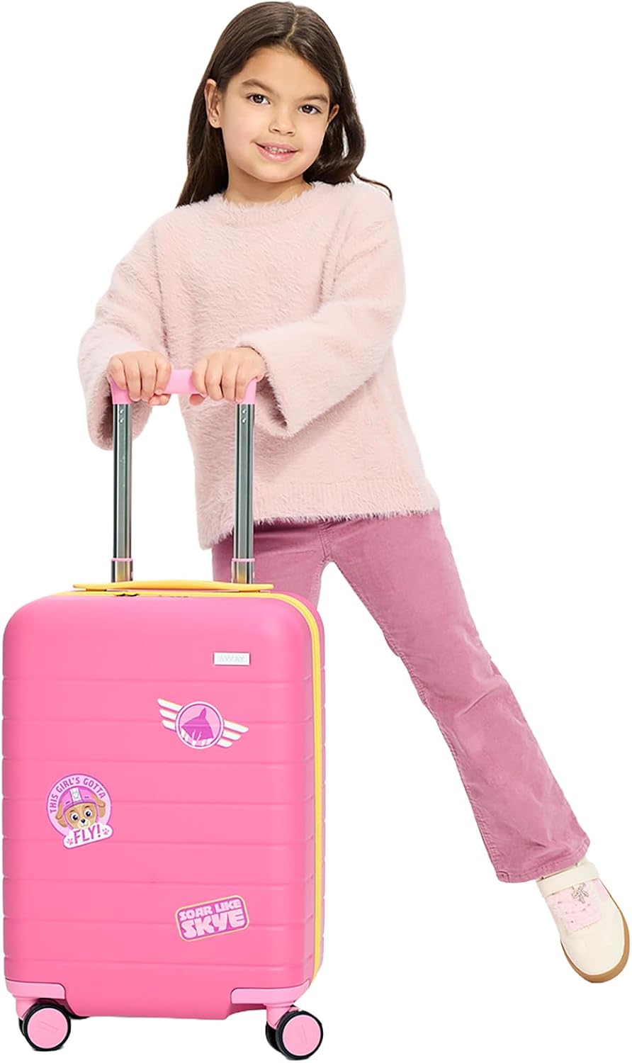 Away PAW Patrol Kids Carry On Luggage, Lightweight Rolling Suitcase for Children, TSA-Approved, Spinner Wheels, Travel Suitcase for Toddlers & Kids, Skye Pilot Pink