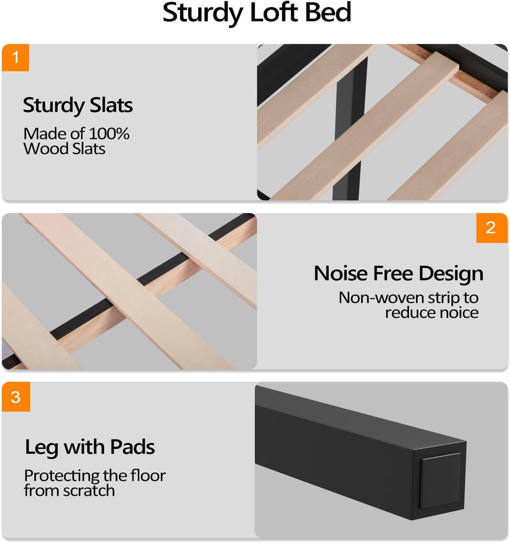 VINGLI Junior Low Loft Bed with Stairs, 47 Inches High Sleeper Bed Full Size for Adults, Kids and Young Teens, No Box Spring Required, Solid Wood Slat Support, Black