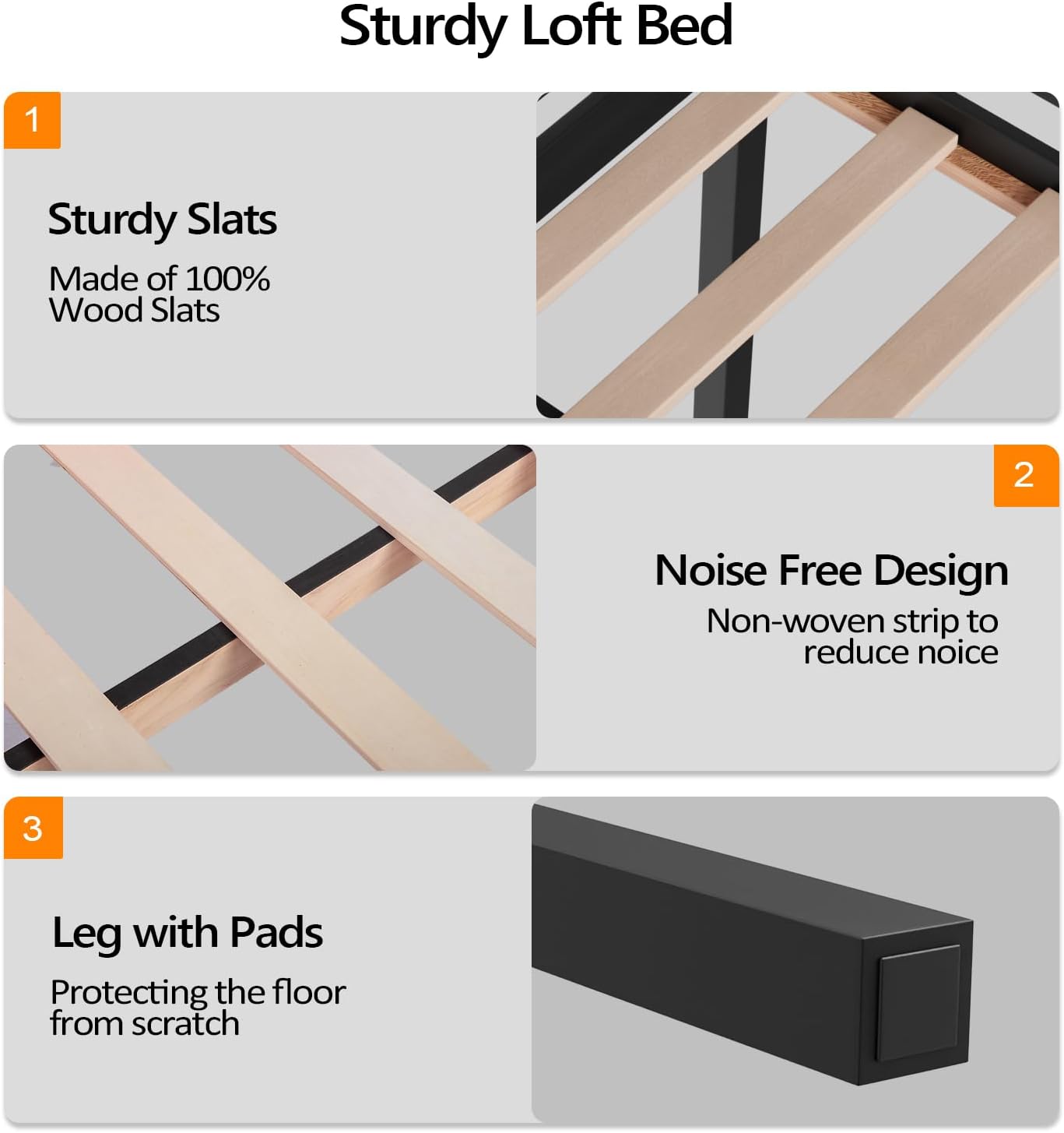 VINGLI Junior Low Loft Bed with Stairs, 47 Inches High Sleeper Bed Full Size for Adults, Kids and Young Teens, No Box Spring Required, Solid Wood Slat Support, Black