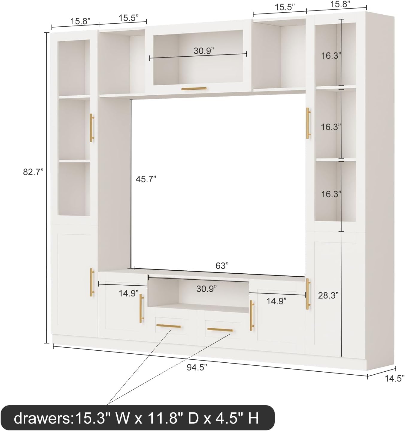 Entertainment Wall Unit, 4-Piece Large TV Stand Wall Unit Entertainment Center with Bookshelves & Storage, Wall Media Center with Shelves for TVs Up to 70', Media Console for Living Room, White.
