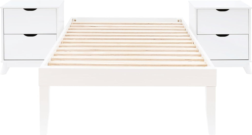 Powell Fordham White Solid Pine Wood Twin Sized Platform Bed with Set of 2 Two Drawer Nightstands