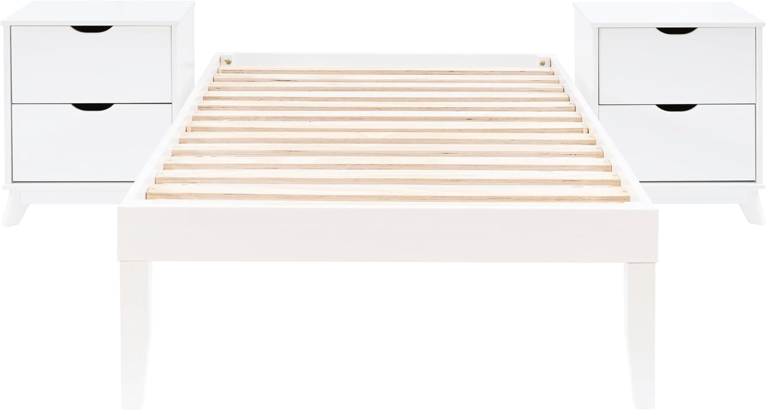 Powell Fordham White Solid Pine Wood Twin Sized Platform Bed with Set of 2 Two Drawer Nightstands