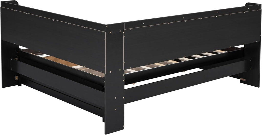 Full Size Platform Bed with L-Shaped Bookcase and 2 Drawers, Wooden Captain Bed Frame with Bookcase Headboard for Kids Teens Adult Boys Girls, No Box Spring Needed-Espresso