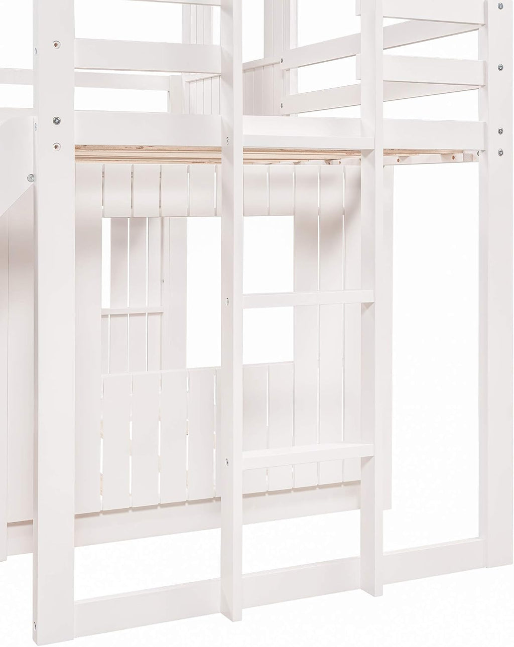 Twin Over Full Bunk Beds with Slide for Kids Toddlers, Play Farm House Roof Window Guardrail Ladder, for Girls Boys, No Spring Box Required (White-Slide-Twin-Full)