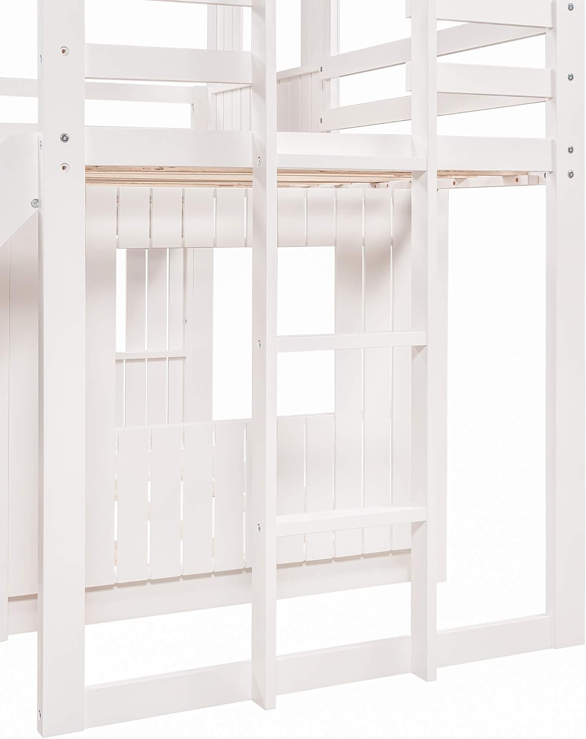 Twin Over Full Bunk Beds with Slide for Kids Toddlers, Play Farm House Roof Window Guardrail Ladder, for Girls Boys, No Spring Box Required (White-Slide-Twin-Full)