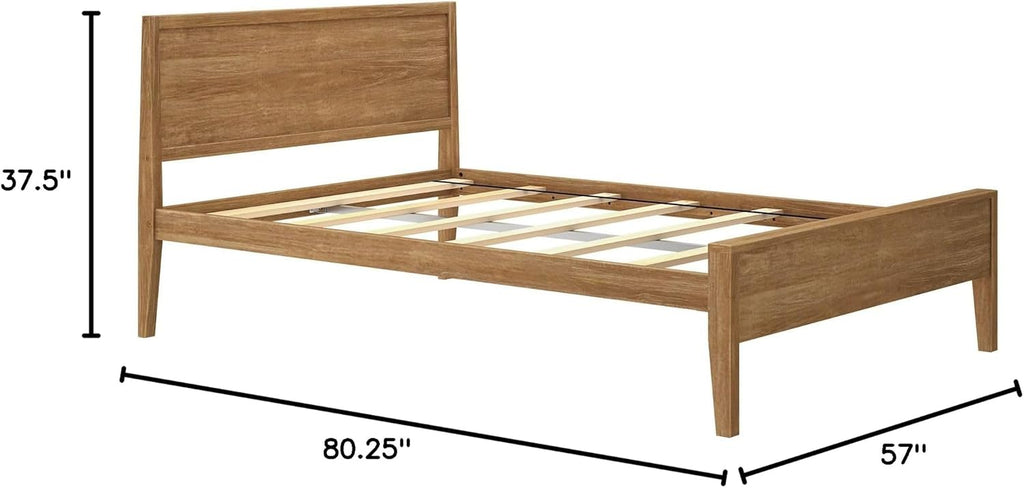 Plank+Beam Solid Wood Full Bed Frame with Panel Headboard, Modern Full Platform Bed with Wood Slat Support, No Box Spring Needed, Pecan