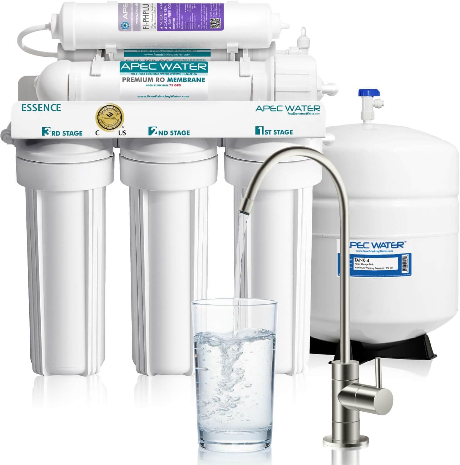APEC Water ROES-PH75, 6-Stage Alkaline Under Sink Reverse Osmosis Water Filter System, NSF Certified 372 & 58, 75 GPD, Reduces 99% of Impurities