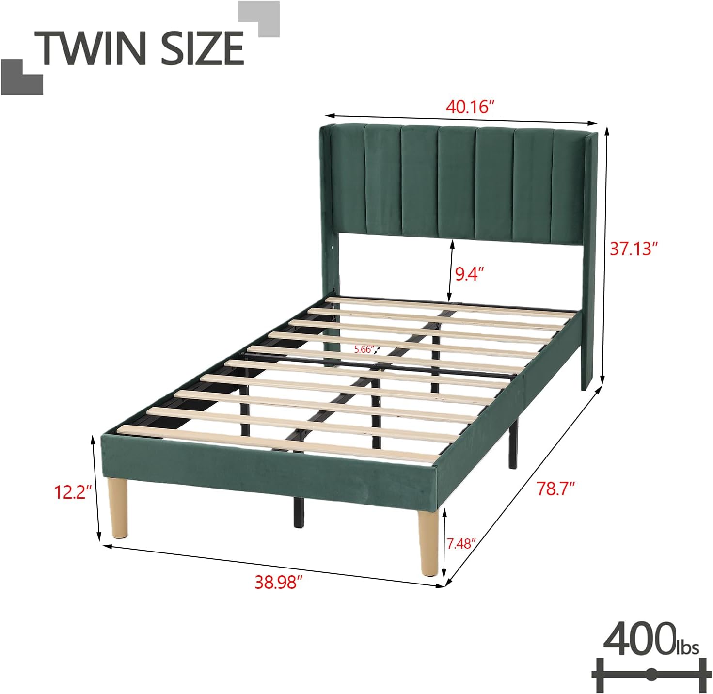 Twin Size Bed Frame with Headboard, Modern Upholstered Velvet Platform Bed, Heavy Duty Wooden Slats Support, No Box Spring Needed, Noise-Free & Easy Assembly, Green